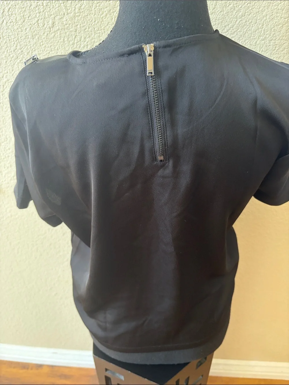 Karl Lagerfeld Paris Black Faux Leather Asymmetrical Zip Top Small